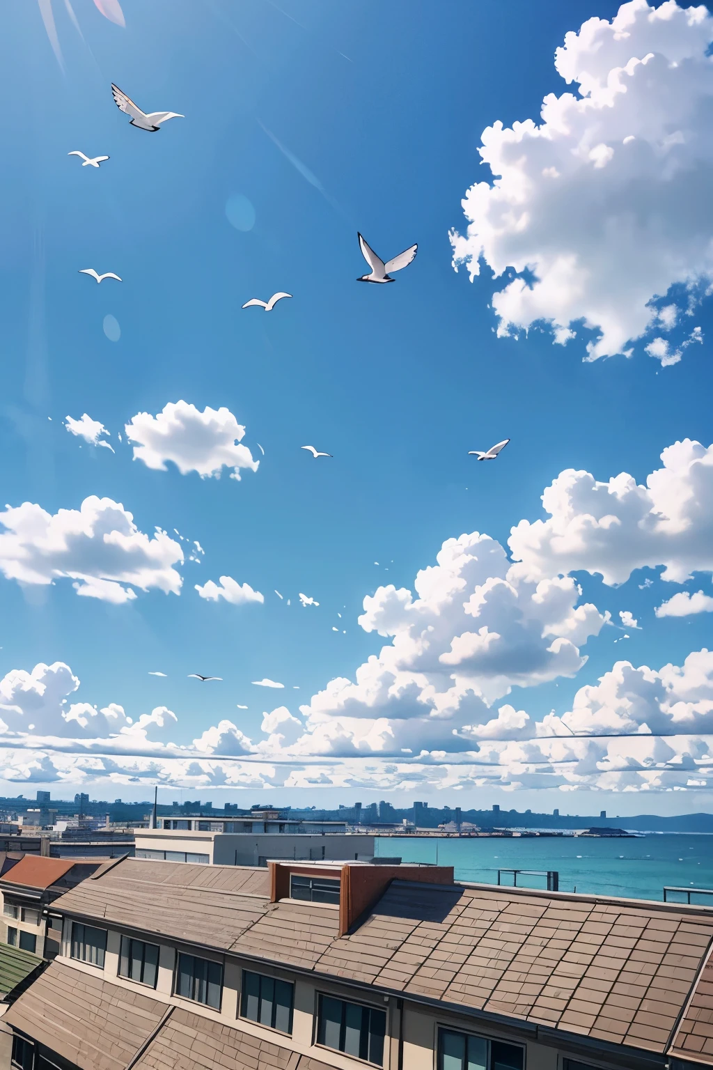 clear sky with few clouds and birds flying in the background, Japanese animation style sky, texture, white clouds and light gray tones