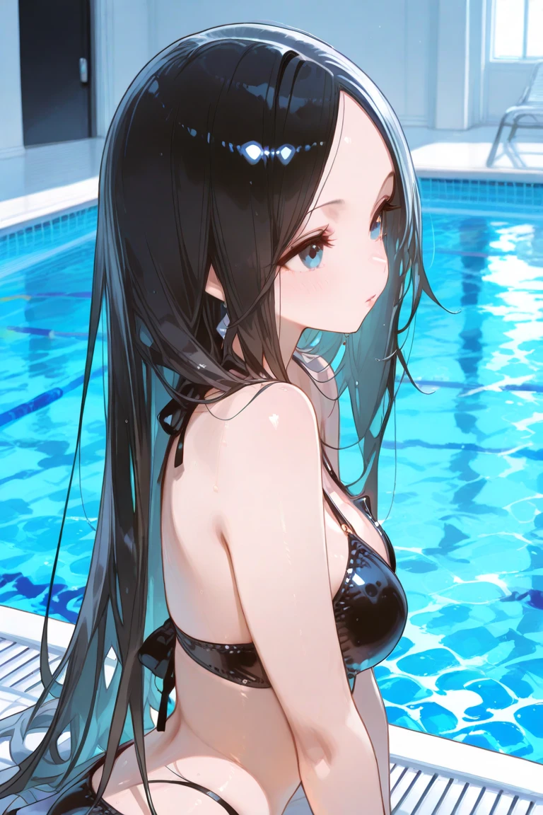 Beautiful fece, masterpiece, top-quality, hiqcgbody, animesque, 1girl in, Medium chest, The bikini, Transparent transparent black swimsuit, portrait shot, Look at viewers, Partially submerged, Outdoor pool, (silber hair),(Feline ears),poneyTail,wetted skin, intricate detailes,>,((coverd)