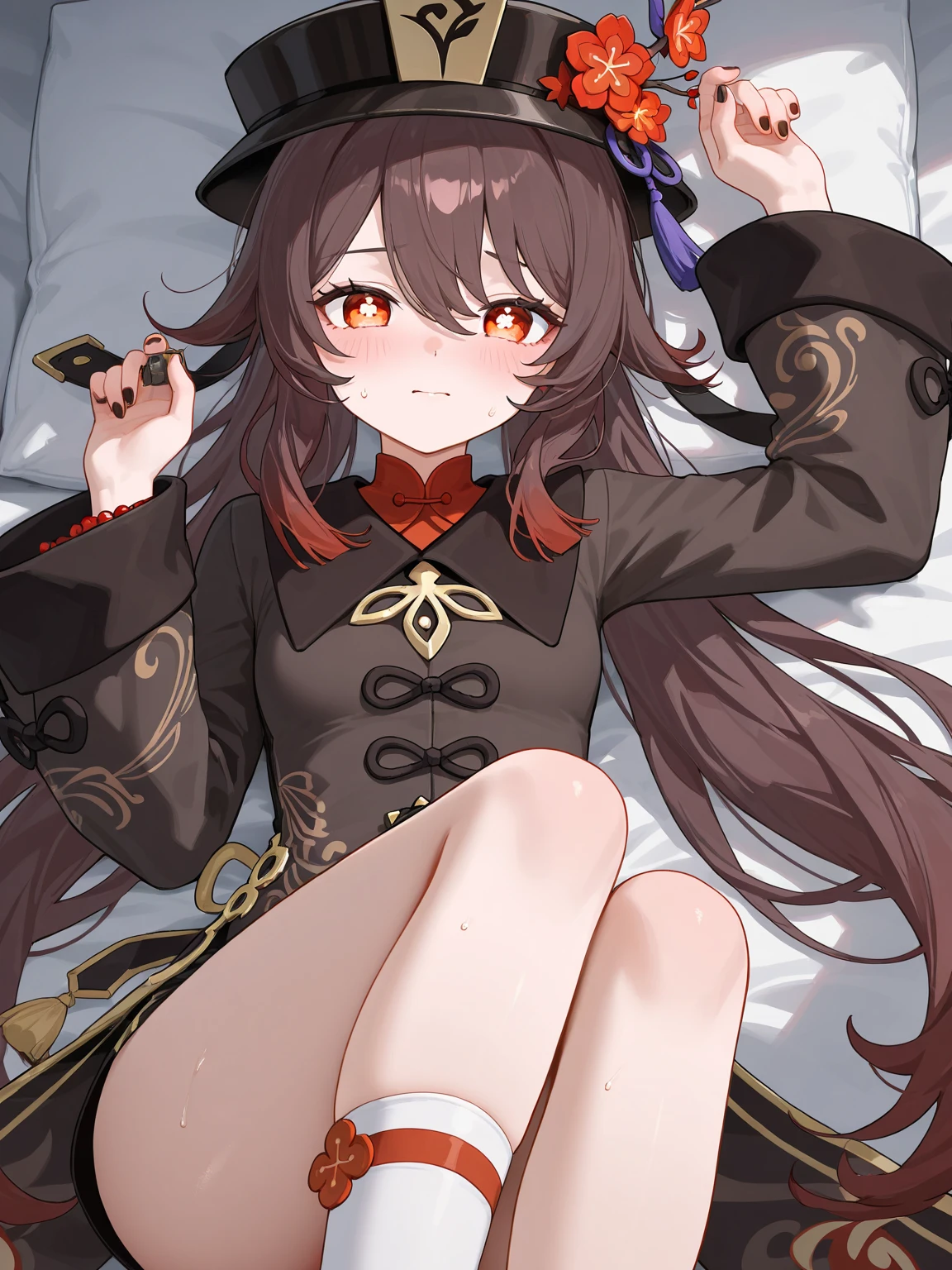 Very cute anime girl, teenager, hu tao from genshin impact, in bed, bondage, missionary POV, NSFW, sex