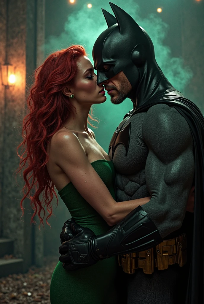Generate a super sexy, gorgeous poison ivy with big bo4bs kissing with batman