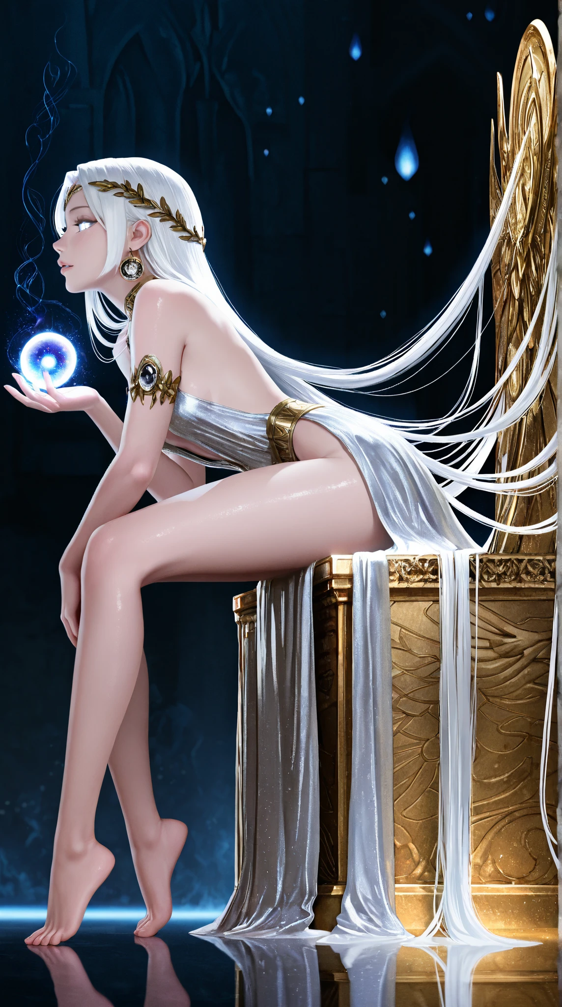 An exquisite fusion of art styles, showcasing a girl in a bikini crafted from gemstones, standing atop a mystical moonlit altar, surrounded by an ethereal, dreamlike landscape that blurs the lines between reality and fantasy.