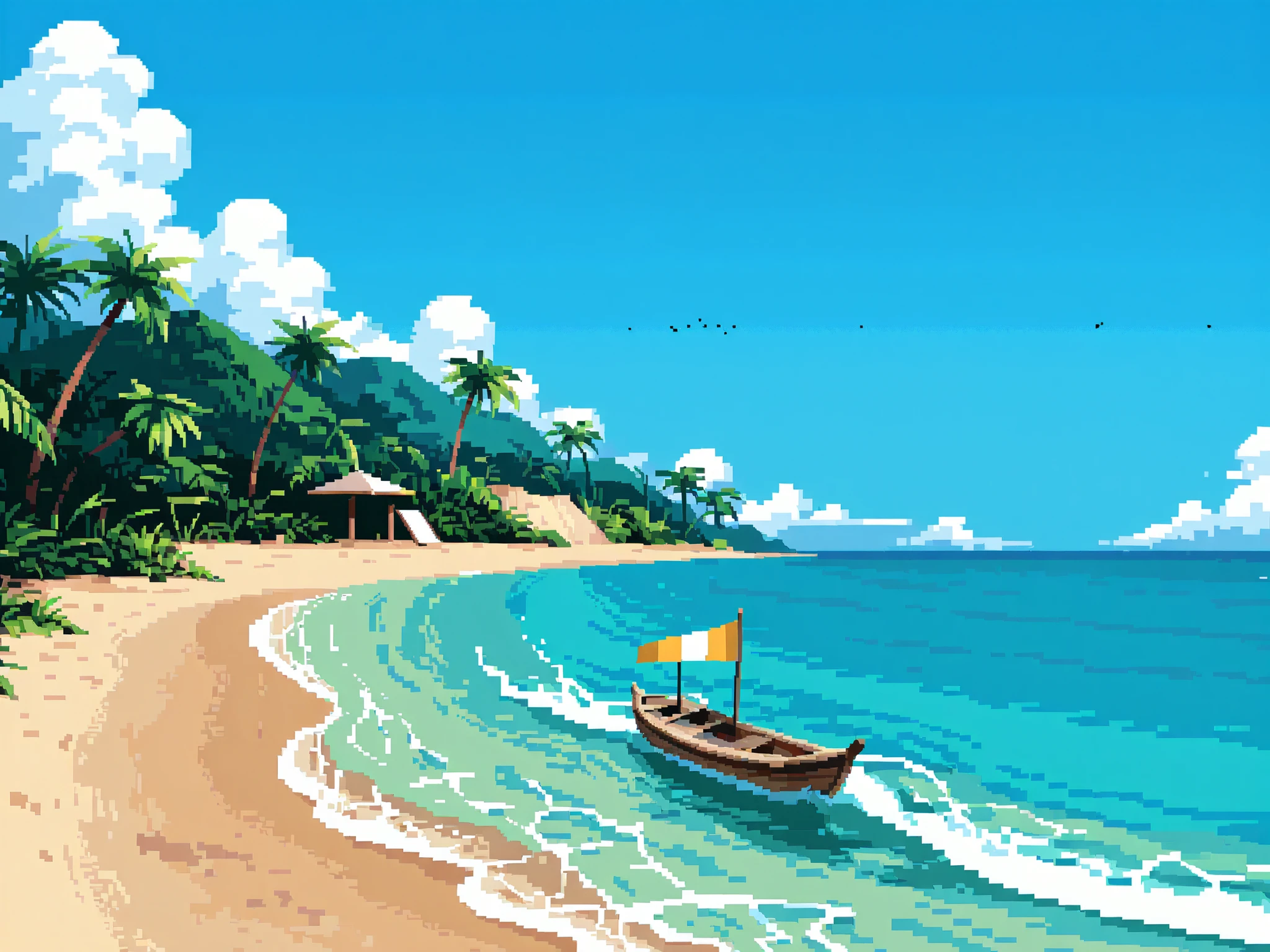 wide shot, beach, some small boats in the sea, greenery, blue sky, pixel art, fantasy world