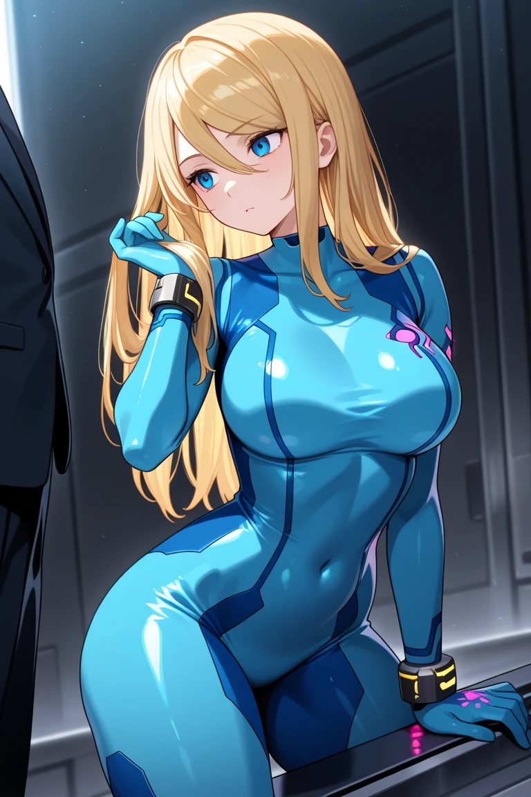 samus aran, (facing viewer:1.25), ponytail, large breasts, hair tie, blue gloves, blue bodysuit, (full bodysuit:1.5), high heels, (standing straight:2.0), peeing herself, (wetting herself:1.5), very large peeing stain, huge pee stain, best quality, ultra-detailed, HDR, studio lighting, professional, vivid colors, sharp focus, physiologically-based rendering, bokeh, landscape, blue color palette, soft lighting, dynamic shadows, (hands on thighs:1.5), embarrassed, humiliation, blushing, angry, tears