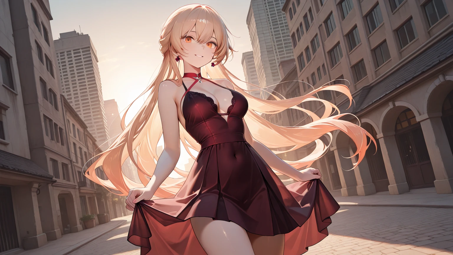 Adult woman, pink eyes, long blonde hair, beautiful red dress, night
