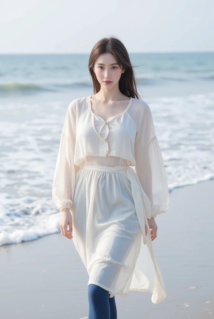 Realista, 1 young woman, cabello blanco, ojos morados, ojos brillantes, blusa corta, falda, labios entreabiertos, rubor, noche, flores, sol, luz solar, falda blanca, falda corta, cabello de longitud media, real, warm colours, vestido corto blanco, ropa blanca, color de fondo claro, ambiente diurno, fondo de color brillante, Arabia Saudita, ocean, lindo,