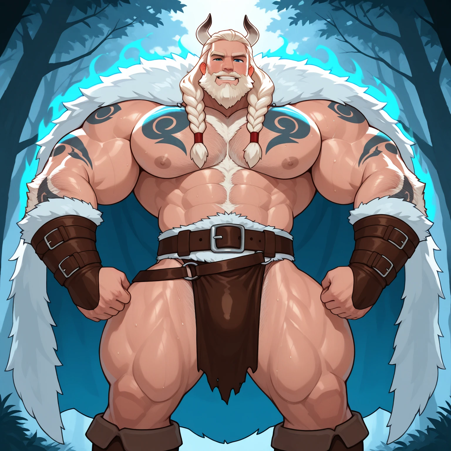 White short hair, (male centaur), ((bodybuilder)), ((very muscular)), ((broad chest)), ((thick pectorals)), abs, small waist, , naked, ((big biceps)), ((large )), ((glans)), ((testicles)), ((flexing muscles)), ((nipple piercings)), snow mountain, pine trees, aurora borealis, night sky, horse penis, white horse