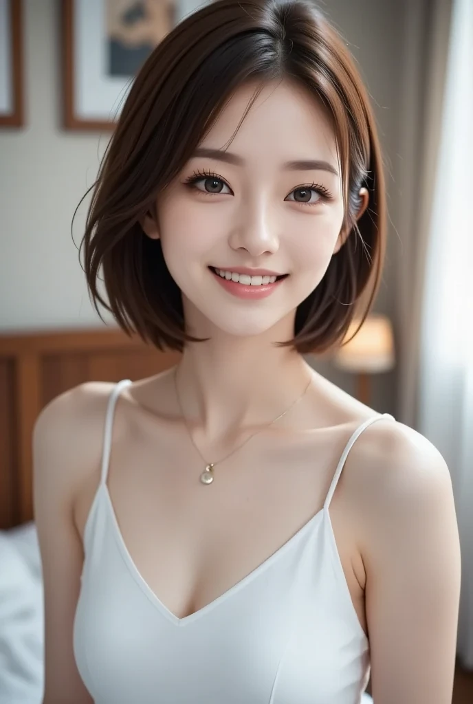 masterpiece、best quality、high resolution、wallpaper、Practical、Bright Lights、Professional lighting、Soft lighting、Japanese women、30 years old、aldult、Beautiful woman、action、Gravure printing、Sexy、so beautiful、Beautiful skin、Exquisite、Delicate face、Slim、short hair、Black Hair、Double eyelids、big eyes、Brown eyes、Long eyelashes、Thin lips、Blink、Diamond Earrings、Light makeup、clavicle、Off-shoulder、mini skirt、美しいclavicle、Beautiful thighs、Lying in bed、outdoor、Smile、Transparent Pajamas