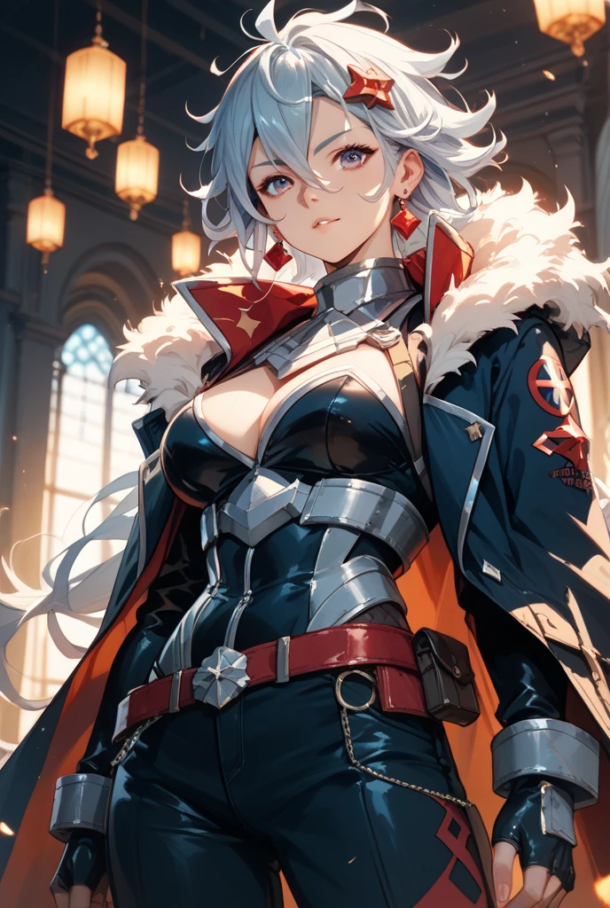 absurdres, (best quality), (masterpiece),(ultra-detailed:1.2),(highres),elaborate, cowboy shot ,1girl, solo, photorealistic, arle_suit, white hair, black hair, multicolored hair, black eyes, x-shaped pupils, gloves, shop, fantastic scenery, window, candid modelshoot style, (fcPortrait:0.8), [(going towards viewer:1.1)::0.8],
