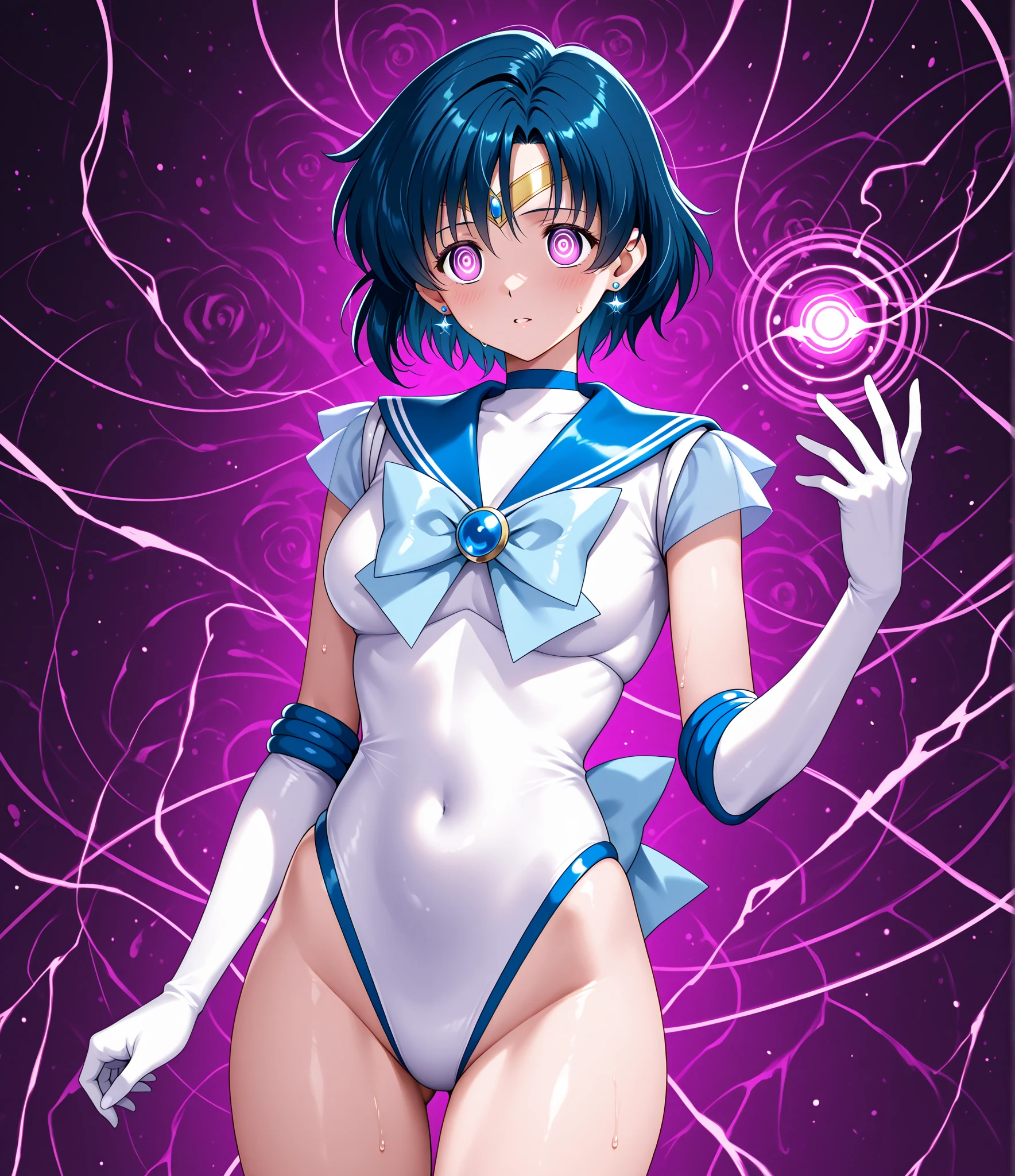 full: 1.3, Realistic, Ultra-microphotography, Highest quality, Ultra high definition CG Unity 8k wallpaper, (Mel 1, Tierra, Sailor Warrior Uniforms, White gloves, Sailor Mercury: 1.3, Meishaon), From below, Intricate details, (1 female), 19 years old, ((Deep blue hair:1.3)), short hair, 浮かぶ青いshort hair: 1.2, Golden tiara on the forehead: 1.2, Blue gloves on elbows: 1.2, Exposing the upper arm: 1.1, Long white latex gloves with luxurious gold decoration: 1.3, Blue choker, Blue star-shaped earrings, Parted bangs, ((Captivating smile, Very cute face, Facial details: 1.5, Bright Blue Eyes, Beautiful Face, Beautiful Eyes, Shining Eyes, Thin lips: 1.3, Thin, sharp, pale eyebrows, Long, black eyelashes, Double eyelashes)), Luxury gold jewelry, ((Combat Stance)), Lean and muscular muscles, Muscular Abs, Small Face, Big Breasts, Perfect proportions, Narrow waist, Sexy model posing, Visible pores, Perfect hands: 1.5, Octane Rendering, A very dramatic picture, Strong natural light, sunlight, Exquisite lighting and shadows, Dynamic Angle, DSLR Harp, concentrated: 1.0, Maximum clarity and sharpness, (Water Divinity: 1.1, Splash space background, Dynamic water background, Water on Earth: 1.2, Water hair, Water bubbles, Dynamic Frame, Mercury, moonlight, moon, Dynamic Background, Detailed Background)),(mecha musume), Highest quality、High resolution、High-quality images、8K, 1 female、((Skin luster:1.3))、Skin Texture、Expression of fine eyes, realism, detailed manga style, Manga art style, Perfect Line Drawing, Beautiful line art, digital manga art girl, clear, charm, ((naked,:1.5)), ((squat:1.3)), ((spread legs:1.3)), ((spread pussy:1.3)), Put your hands together above your head, Dutch Angle, ((From belowのアングル:1.3))