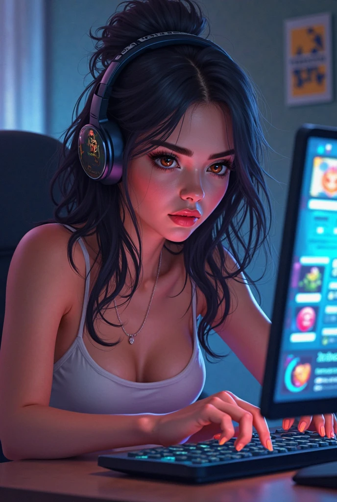 Catgirl, detailed hyperrealism face, beautiful face, Beautiful girl, female gamer, (playing game in the gaming room), R-cup breast, full body, (wear earphone rgb), Very detailed, 8k, dark tone, dark shadow, glow in the dark, gaming color grading, (HDR, UHD, 64k, best quality, RAW photograph, best quality, masterpiece:1.5),UHD, hd , 64k, hyperrealism, Very detailed, full body, hyperrealism, Very detailed, in hyperrealistic detail, A hyper realistic detailed full body image, highly detailed, digital painting, Trending on artstation, HD quality