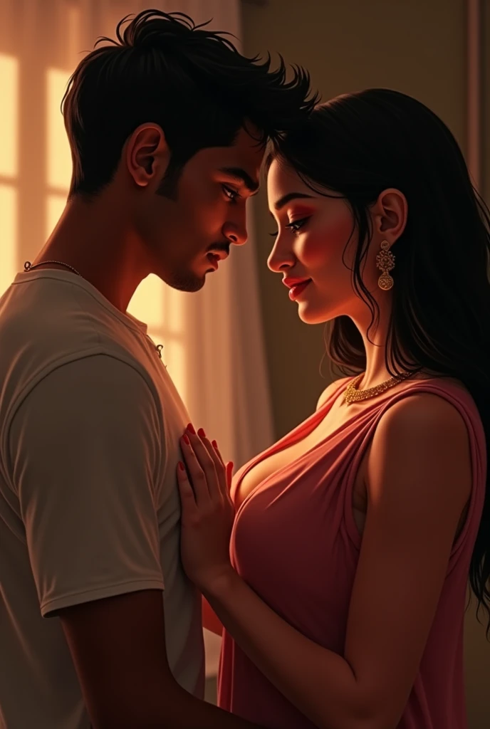 indian woman, long balack hair, in green plain blouse, showing her cleavage, kissing with 20 years old boy, boy kissing on her chest, boy kiss her boobs only