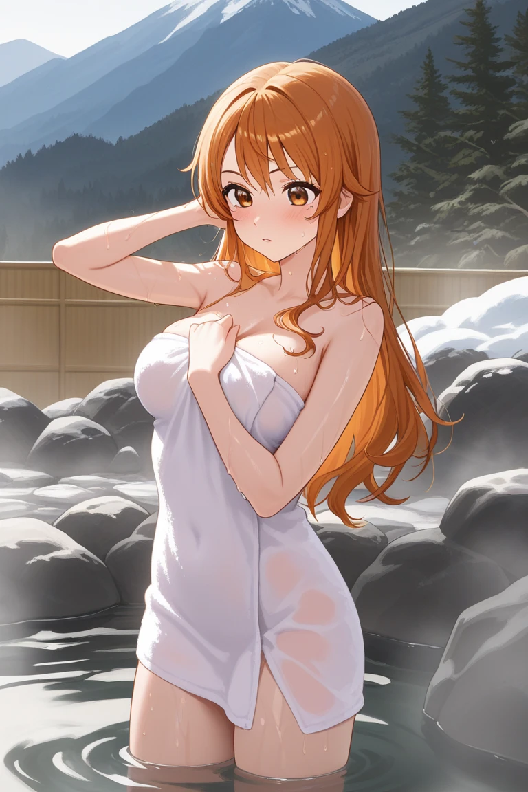 2D, HD, Detailed details, Detailed landscapes, beautiful lights, Beautiful Shadows, top-quality, Highly detailed, masterpiece, best quality, highres, aamumei, long hair, ponytail, ahoge, multicolored hair, feather hair ornament, hairclip, mini breasts, closed mouth, smile, looking at viewer, anime, highly detailed eyes, cleavage, highly detailed face, full body, onsen, arms behind back, towel, partially submerged, hands cover cheats, sit,
