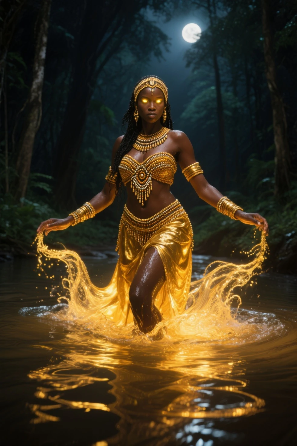 In an ultra high definition (UHD) image, captured in the finest detail and quality, you witness the captivating spectacle of Oxum, the Yoruba deity of love, rivers, and fertility, gracefully dancing in her sacred ceremony. The camera focuses on her fluid movements, seamlessly integrating with the water surrounding her, creating a mesmerizing display of reflection and subtle glow. The lighting meticulously illuminates the scene, casting a divine aura that emanates from Oxum and dances upon the water's surface, painting a masterpiece of spiritual tranquility. The best quality 8K rendering transports you into the essence of the ceremony, immersing you in the