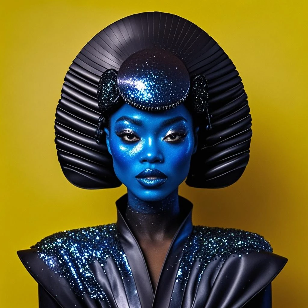 In a cyber-couture revolution, a digital diva graces the scene in holographic haute couture, infusing neo-noir sophistication into the fashion world. , Creepy_mask <lora:Creepy_mask_SD15:0.75>