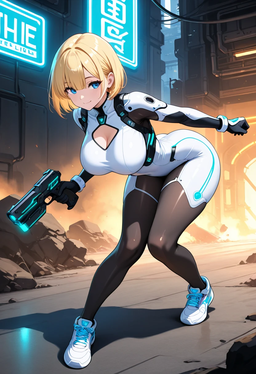1girl, breasts, wide hips, large breasts, blonde hair, short hair, very short hair, hair, blue eyes, smile, black bodysuit, bodysuit, futuristic, tech, machinery, science-fiction, shoes, sneakers, neon trim, blue neon trim, neon, smirk, smug, full body, standing