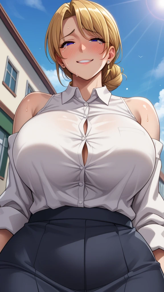 Soro Asuka, huge_breast, permanent, Solitary, White_shirt_blue_pause_skirt_School__Red_ribbon, masterpiece, best quality, Delicate face, Delicate eyes, high resolution,Expose cleavage