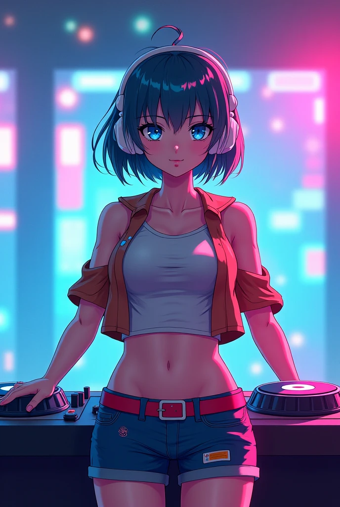 (The little lady DJing on a turntable on the EDM Festival stage:1.3), EDM activity lighting effects, On stage in front of the crowd, Giant futuristic screen in the background, neon room, (white cropped jacket:1.1), (Vivid glowing blue eyes:1.2), (White hair:1.2), (There are cyan stripes on the hair:1.2), High ponytail, (cocky smirk:1.2), (Abs:1.2), Carnival light, (Laser in the background:1.2), Glowing light strips on clothes, slim build, view the viewer, Giant speaker in the background, Beautiful shiny reflective detail eyes, (highlegpanties:1.2), (White cargo pants:1.3), (Thin bands on the hip bone:1.3), (Buttock strap:1.3), (Side shaving:1.3), (Undercut:1.2), Defined hip bone, cleavage, Lean