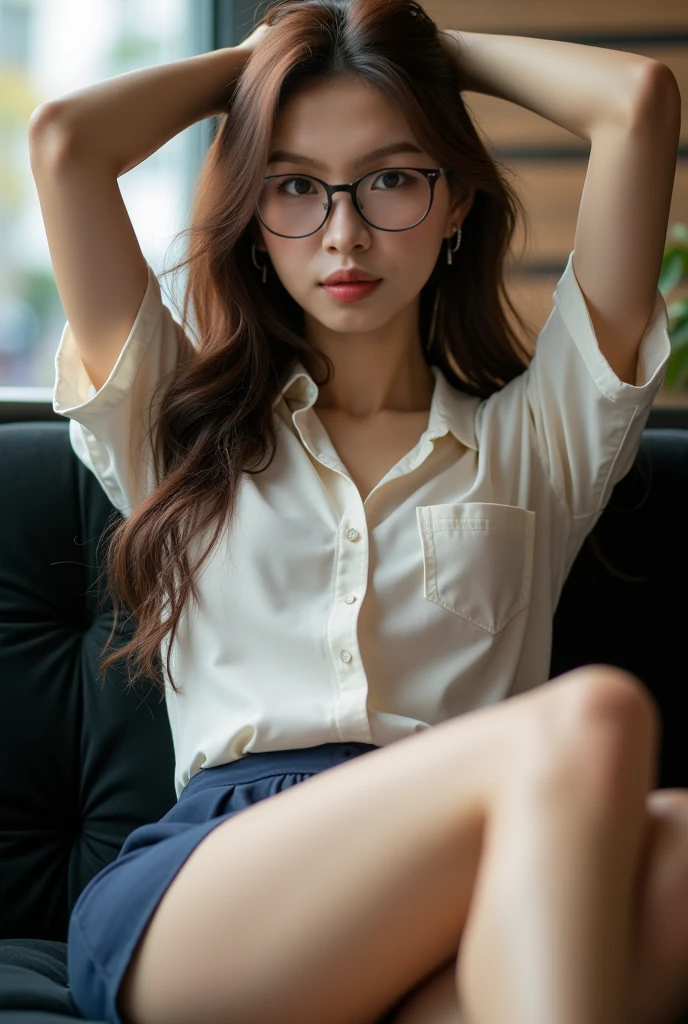 ((best quality, 8k, masterpiece: 1.3)), beautiful korean girl, pure, Melon face, kind and cute, light smile, pure desire, slim body, (front), (tilted head), long brown wavy hair, windy hair, Long flowing shoulders, big round black eyes, Round glasses, Clear, big eyes, moist red lips, sweet, Lying with my legs spread on a comfortable black sofa in a cafe, blurred background, bright lights, dehisce, Pleading Eyes, ((((whole body)))), sexy slim legs, small firm breasts, lift up your skirt, ((Slender muscular body)), (M legs:1.5), ((Lifting the skirt:1.5)), Wearing a white short-sleeved shirt, (open shirt:1.3), Gray Braided Mini Skirt, White panties under skirt, tilted head, (holding a weapon, Arms over head), Focus on her legs