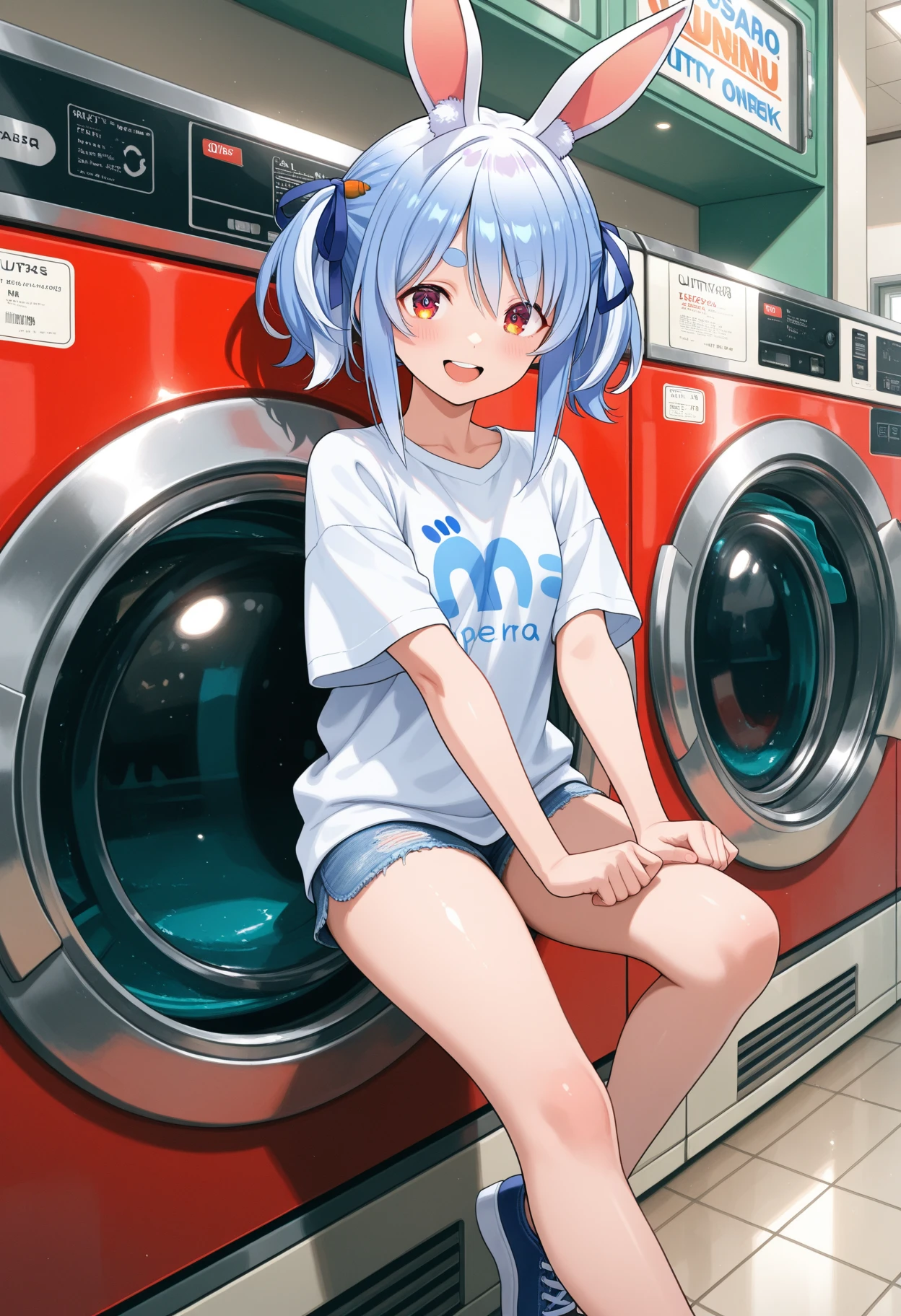 NSFW, (anime art),(masterpiece),(highest quality:1.2),((Perfect Anatomy)),(Perfect Fingers:1.3),(1 girl),(solo),(white hoodie costume:1.3),(put a hood on head:1.3),(white cat ears on hood:1.3),(denim skirt:1.2),beautiful and detailed blue eyes,girl with a pretty face,pastel blue hair,(Hold a smartphone with one hand and operate it with one hand),(in retro laundromat),(retro blue washing machine),(pastel blue theme), (crop top) (stomach exposed) (pussy) ,wide shot