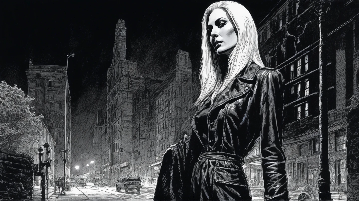 ((by Frank Miller,30's sin city style,Bloodstainedai ,grayscale visual novel of joker,b&w,color accent,(Short white hair female elf,fashion pose,Smile emoticon, mouth curved upwards),noir atmosphere,night city street in gotham background,full body, arthouse, detailed beauty face, detailed beauty eyes)), (high quality, masterpiece:1.2), perfect composition, visual storytelling"