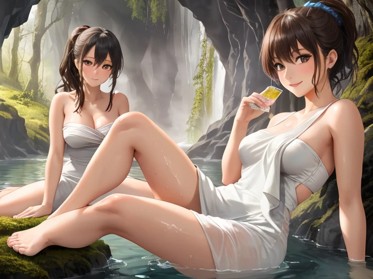 (best quality), ((masterpiece)), (high resolution), A beautiful woman and a man are taking a hot spring bath,Maximum chest,Maximum chest下垂,Clear water