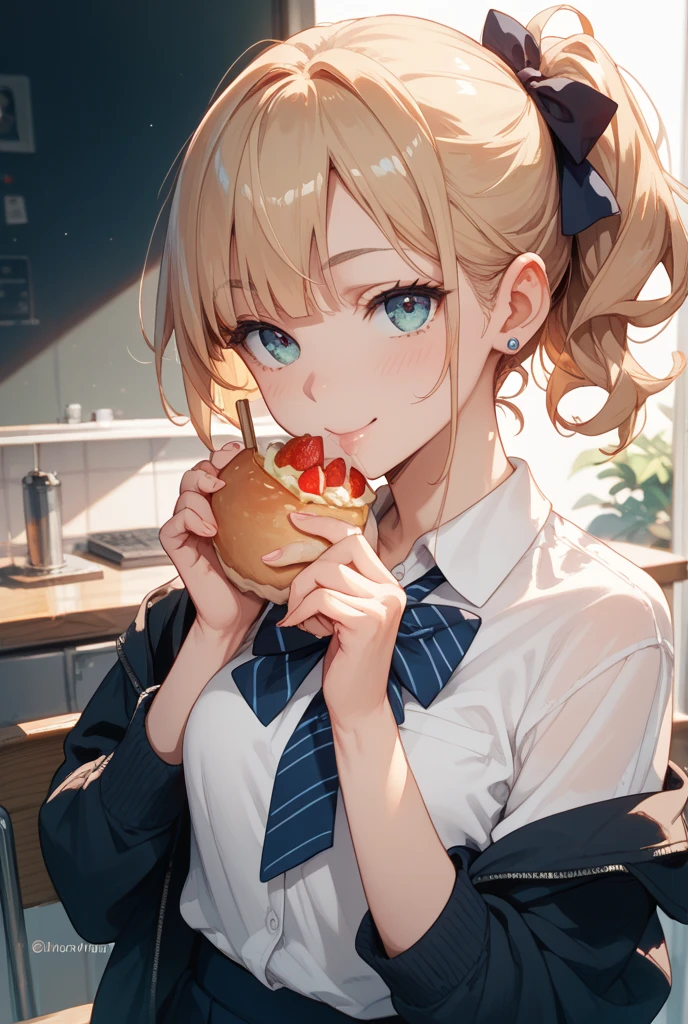 (8K、top-quality、top-quality、​masterpiece、ighly detailed: 1.2)、女の子 1 人、The upper part of the body、femele、Eating lunch on the rooftop with my boyfriend、lunch boxes、full of shyness、half laugh、at noon、 head-on、blonde  hair、a blond、Wearing a blazer、in school uniform、Pupils、Breasts are big
