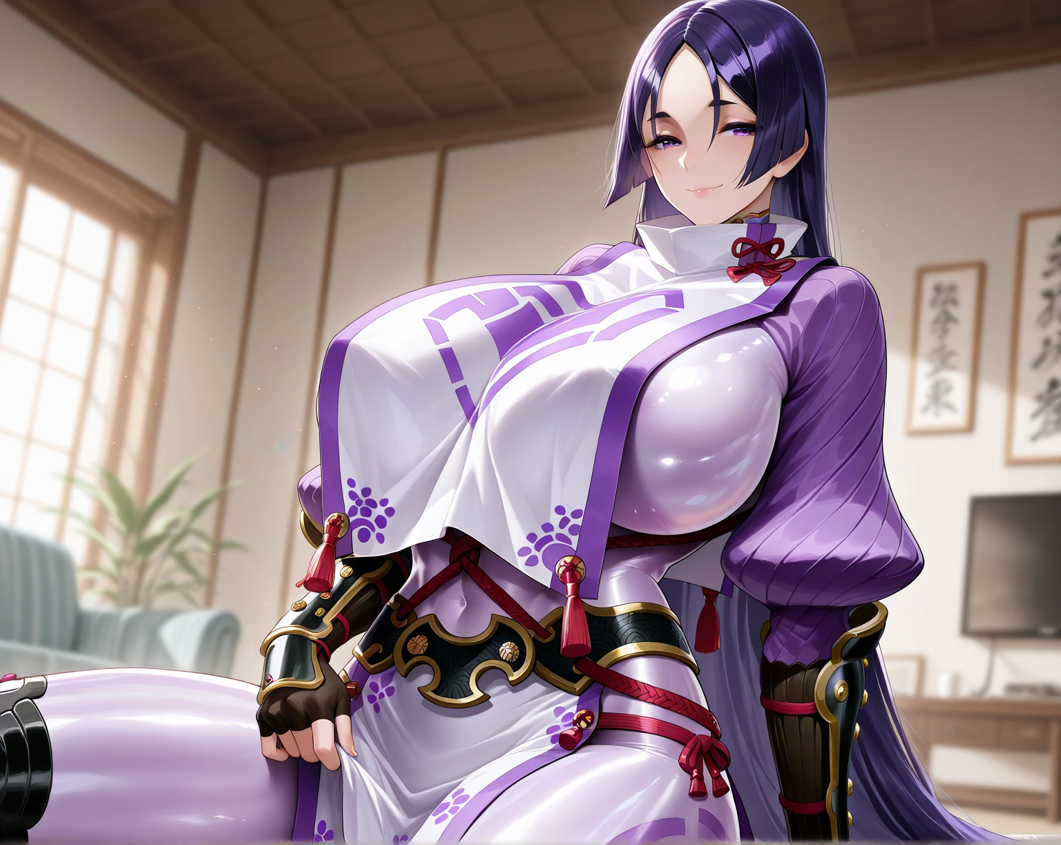 Raiden shogun, pussy, wet pussy, horny, busty, bedroom, milf, masterpiece, hair ornament, big breasts, this, wide hips, sexy, purple hair, purple eyes, spread legs, purple yukata, genshin impact, Vaginal, Sex, penis, Pussy juice, Cowgirl position, ahegao, creampie