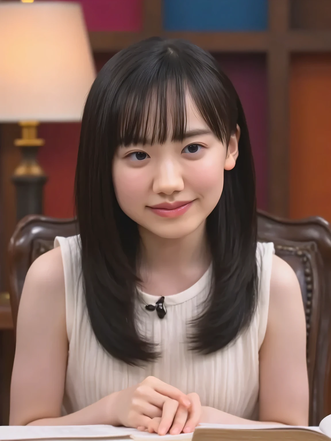 she had a mischievous smile : young girl, Has long hair and is wearing a white leotard, Sit at a desk in the TV studio. look up at the girl from the leather-bound book. vintage lamp with long hair and light blue underwear creates a cozy atmosphere, The girl's eyes sparkle with curiosity