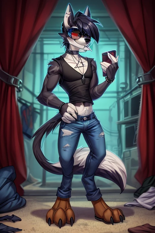 Handsome, femboy, vampire, black panther, solid blackfur body, black body, black panther, long sabertooth fangs, black fur body, black belly, black chesr, black panther tail, blue hair purple highlights, yellow cat eyes, tight leather jacket, tight jeans, crotch bulge, red collar, 1boy, solo, harness, straps, cuffs, buckles, locks, standing inside bedroom,
