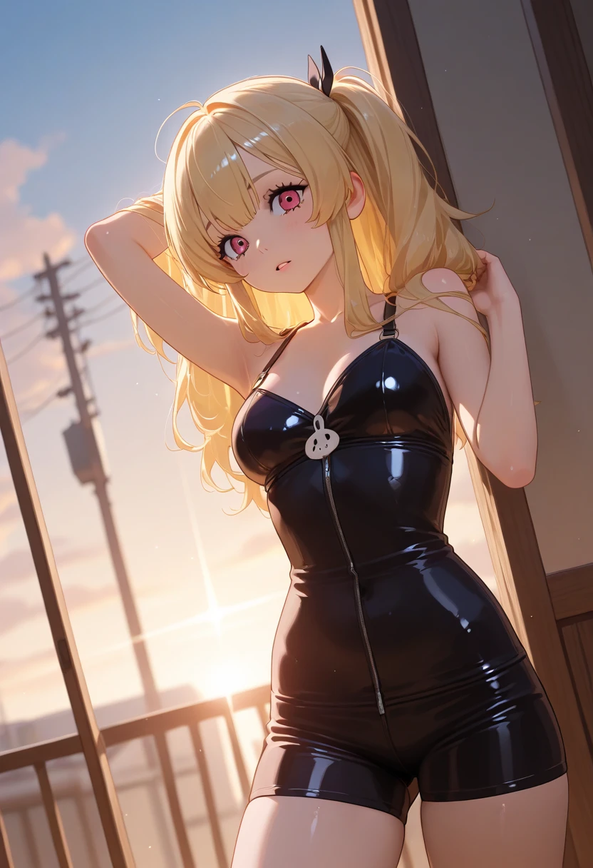 ais, 1girl, solo, blonde hair, long hair, straight hair, yellow eyes, sunny, standing, bunny outfit, playboy bunny, sexy armpits