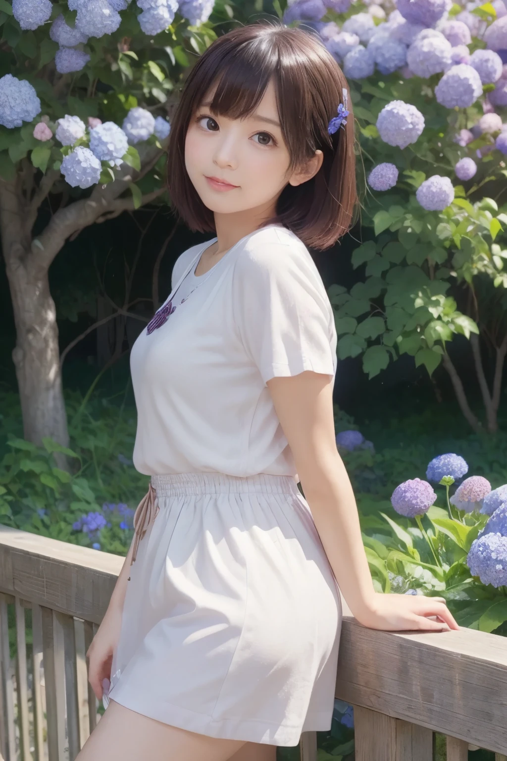 Beautiful woman with short hair ,garden ,alone