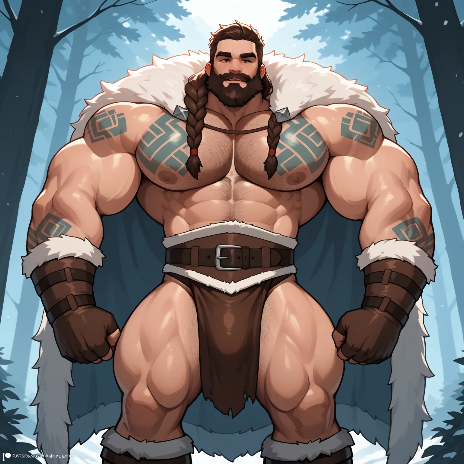 Strong Grandpa Lion，White hair and beard，blue eyes，Manly，穿着格子衬衫和牛仔裤和登Mountain靴，wearing a cowboy hat，在Mountain中远足，Touching his big belly with one hand，Beautiful natural scenery，trees，Mountain，blue sky，by adios, by null-ghost, by lindong
