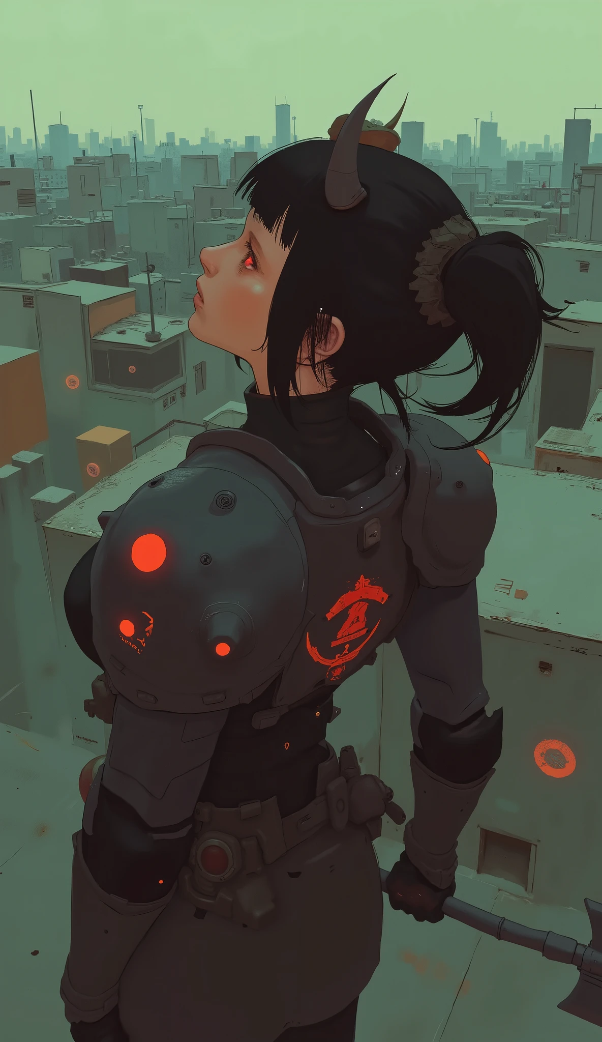 Aerial photography、red zak ,red coloring, a female character in a ザク suit. Bikini Style , The shoulders and chest are covered with large armour, angular plate ,red zak 、The left shoulder has a characteristic emblem、Walking around downtown with an axe、look up at the sky、