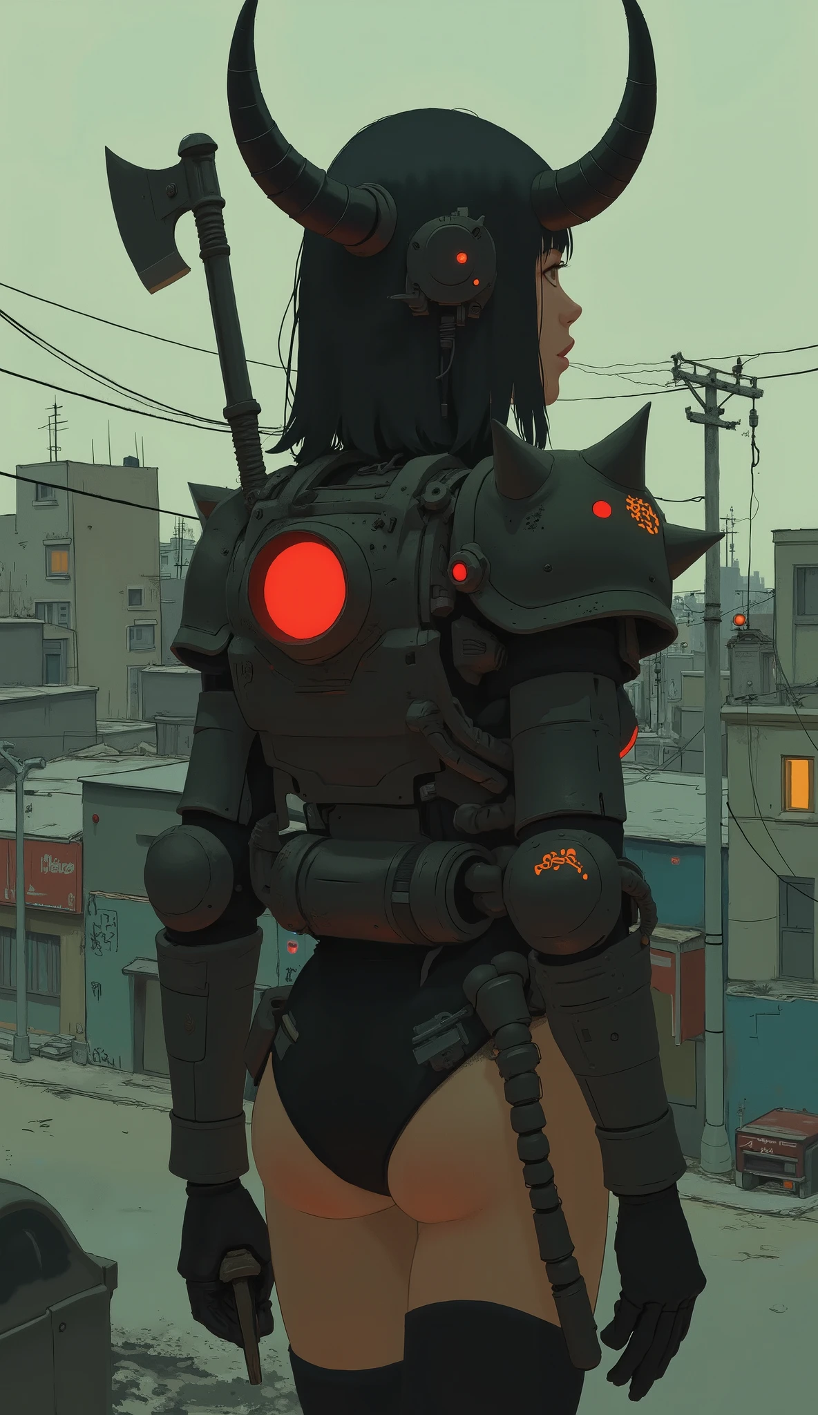 Aerial photography、red zak ,red coloring, a female character in a ザク suit. Bikini Style , The shoulders and chest are covered with large armour, angular plate ,red zak 、The left shoulder has a characteristic emblem、Walking around downtown with an axe、look up at the sky、