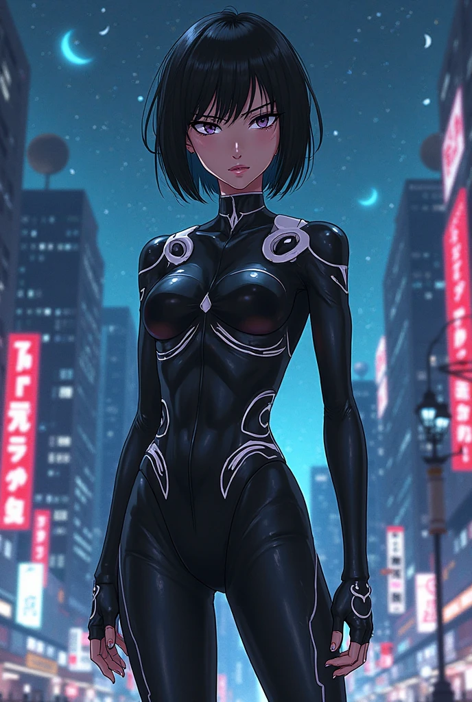 masterpiece, best quality, solo focus,extremely detailed 8k CG unity wallpaper,, 1girl with short bob cut hair, glowing eyes, Business Suit, ((dark skin:1.5, tomboy)), toned, ass, contrapposto, nighttime, <lora:shirow-mix2-512d128a-768p-e08:0.6>,pink eyes, outdoors, landscape