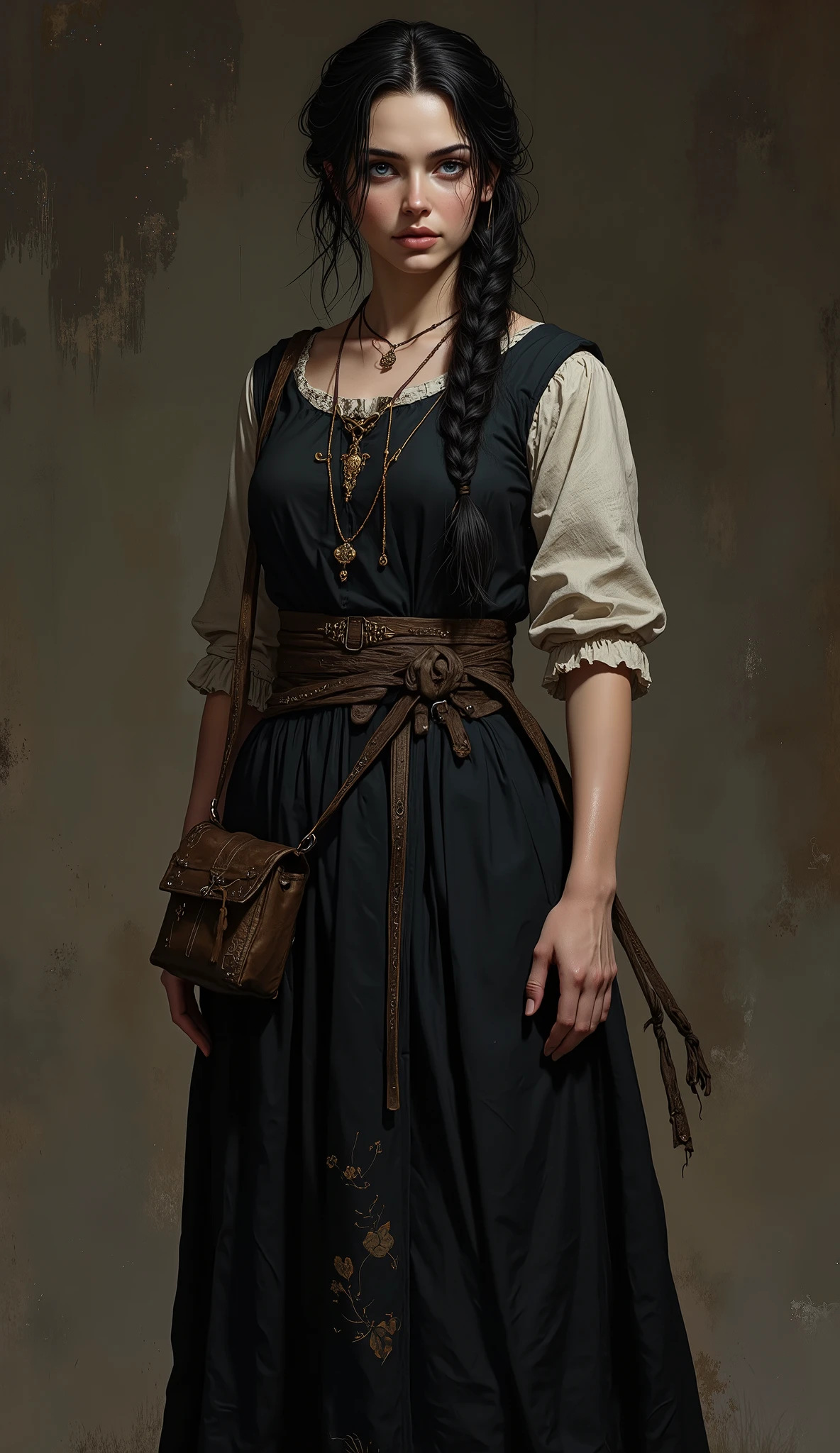 Middle Ages, 19th century, (full length, full-length, 4k, ultradetail , Beautiful image, Illustration, 3D, 2.5D, full lighting) 1 woman, ( black hair, direct, big long braid , long face, thin lips, serious gum, dark blue eyes, Bullish view , Beauty, elegance, brave, young, 20 year old woman ,:1.3), ((( poor peasant woman's clothes, herbalist dress, linen fabric, belt with bag))),
