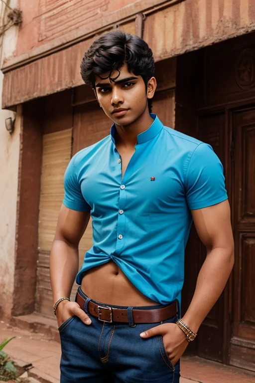 A Handsome 20years old Indian boy, realistic face and body, fitness body, black short hair cut, stylish pose, wearing a Lycra full sleeves linening shirt and blue trousers , full body image .