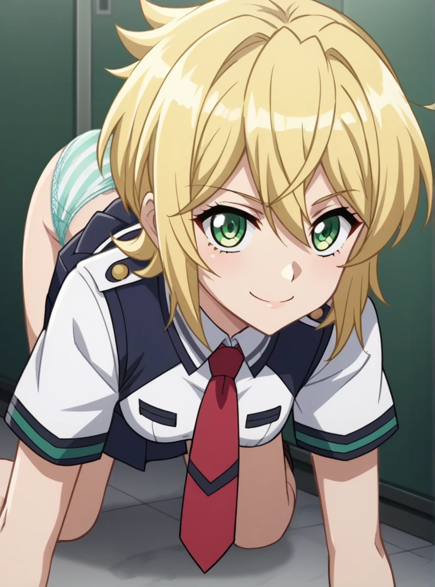 , score_9, score_8_superior, score_7_superior, score_6_superior, score_5_superior, score_4_superior, Break Source_anime, masterpiece , anime screencap, Kirigo Akatsuki, Blonde, One girl, alone, Green Eyes, View your viewers, Medium breast uniform, Pleated skirt, white_shirt, Red tie smile v, No sleeve ,((panties)), Skirt Lift