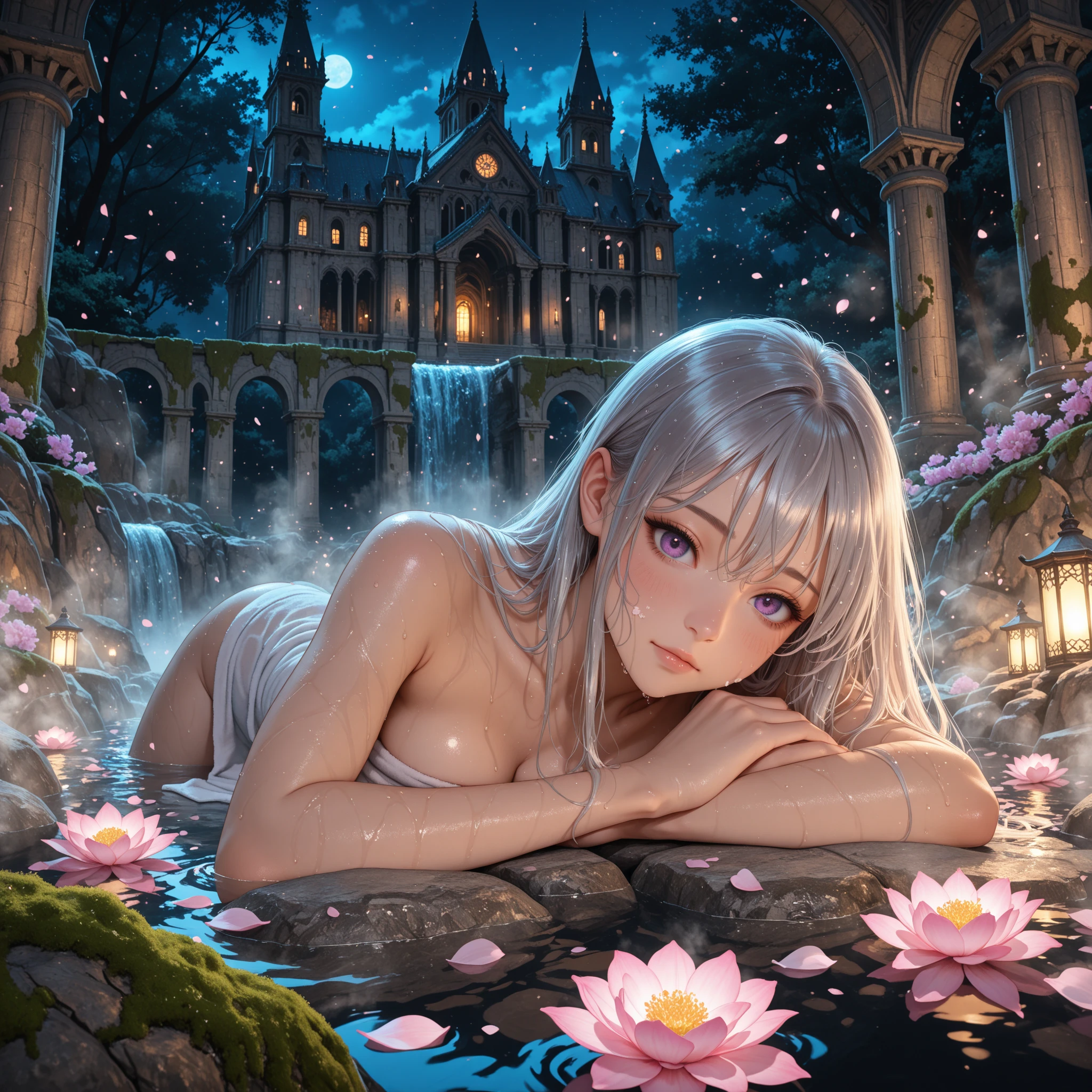 1girl, (solo), long hair, white hair, blue eyes, fair skin, small breasts, small size, glossy lips, happy face, naked, barefoot, sitting, looking down on viewer, full body, sex view, (night), blue moon, (very sexy body, detailed face, masterpiece, highly detailed, 8k, best quality, vibrant colors, digital art, concept art).
