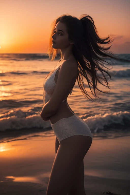 8K, masterpiece, RAW Photos, Highest quality, Realistic, Very detailed, Depth of written boundary, Cinematic Light, Anatomically correct body, 
An elegant and beautiful mature woman, 
Wavy black long hair, Very beautiful face, Exquisitely detailed face, Goddess-like deity々Beautiful, Glamorous Body, 
Very sensitive skin, Transparent white skin, Beautiful and bountiful breasts, Sexy ass, Sexy thighs, 
White bikini swimsuit, Detailed cloth texture, Gorgeous necklace, Gorgeous earrings, 
Starry sky background, Dark sandy beach at night, Pitch black sea surface, 
Beautiful back view,