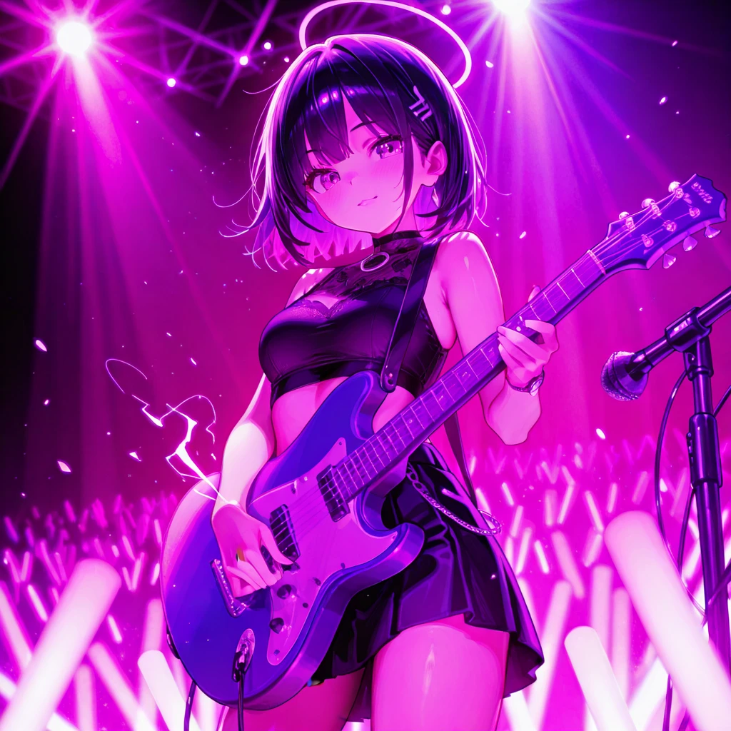 (Best quality, masterpiece), 1 girl, girls band concert on stage, in front of the back band, (playing a guitar on stage: 1.8), glasses, , 1 girl, young female idol, (big well-defined breasted girl, deep cleavage: 1.4), ( goose bump: 0.7), beautiful face, (eyeliner, lipstick: 0.9), 4K, 8k, ultra high resolution, high resolution, detailed background, background,