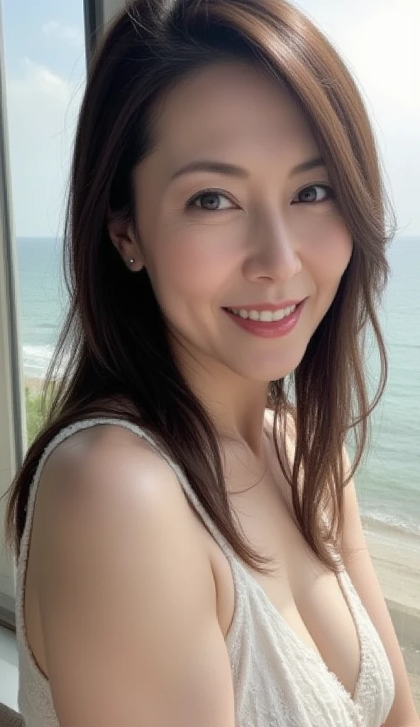 ((high quality、8k、Portraiture:1.3)), Vibrant, Sharp focus, high resolution, High resolution, Middle-aged women, Mature Woman, Beautiful woman, ((39 years old)), (whole bodyエスビアン), (Facial details in high heels, Highly detailed eyes, Thick lips、Plump figure, Plump face、full, (((Big 8.3)))、Huge Breasts, Big Tits, Wavy Hairstyle、(Wrinkles around the eyes:1.5), attractive appearance, smile:1.2,White Bikini,Are standing, Positive face,whole body, Beach House