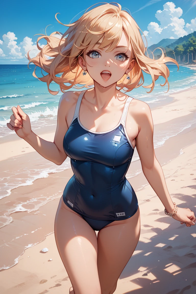 (Detailed and realistic), A beautiful girl wearing a tight swimsuit, sensual and seductive, gros seins, at the beach with the warm sun shining, Focus on curves and movement, pieds sablonneux, salty air, sea waves crashing into the distance, Dynamic light and shadows.
