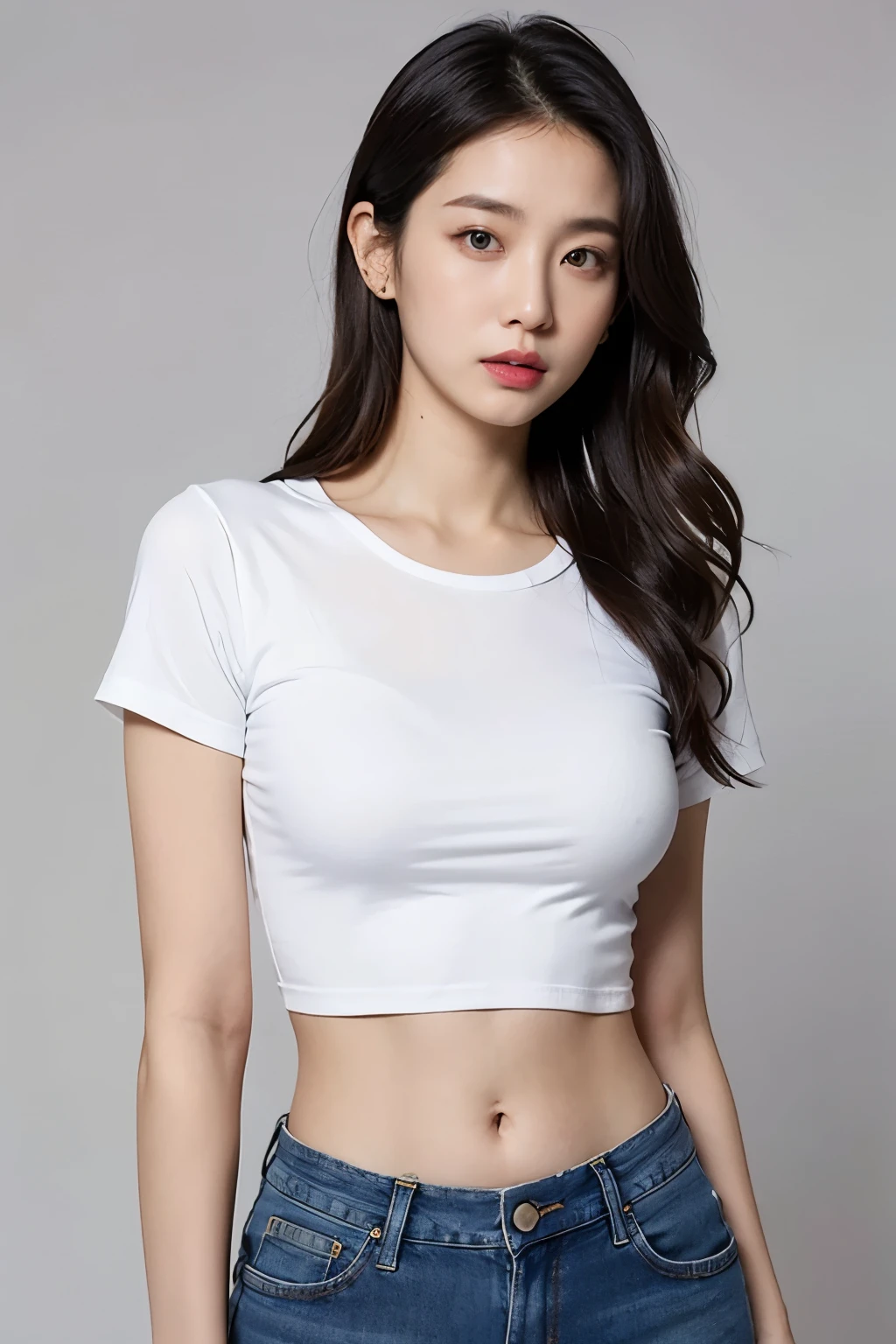 attractive woman with long brown hair Fair-white skin, wearing a mint green tight, cropped, sleeveless tank top. long tight jeans, slightly torn shorts, over size suit jacket , beautiful breast ,elegance pose, lighting soft , elegant pose ,medium body shot ,beige color background