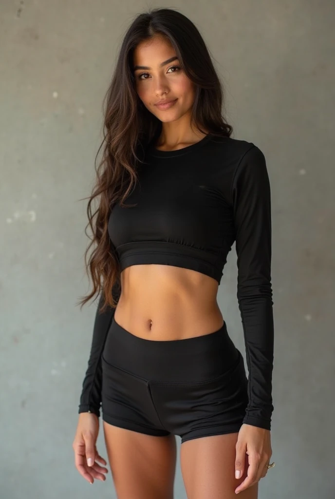 Athletic build, long black hair, olive skin, sporty, energetic, motivational, health-focused, smiling, full color, real teen 18 years old, 4k, portrait shot close, Hair: Long black
Skin: Olive
Build: Athletic and toned
Style: Sporty and activewear