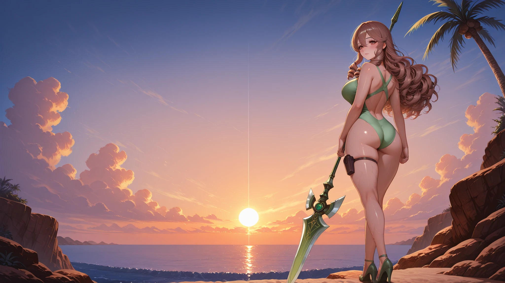layered depth, parallax effect, Soft focus foreground:1.3) (1 girl, Perfect young temptress enjoying a Safari adventure:1.3), Big breasts and ass, Slim Belly, corpo firness sexy, Exciting safari through a lush, Prehistoric jungle, observing imposing and ancient waterfalls, Towering trees, close-up on beautiful sensual girl.