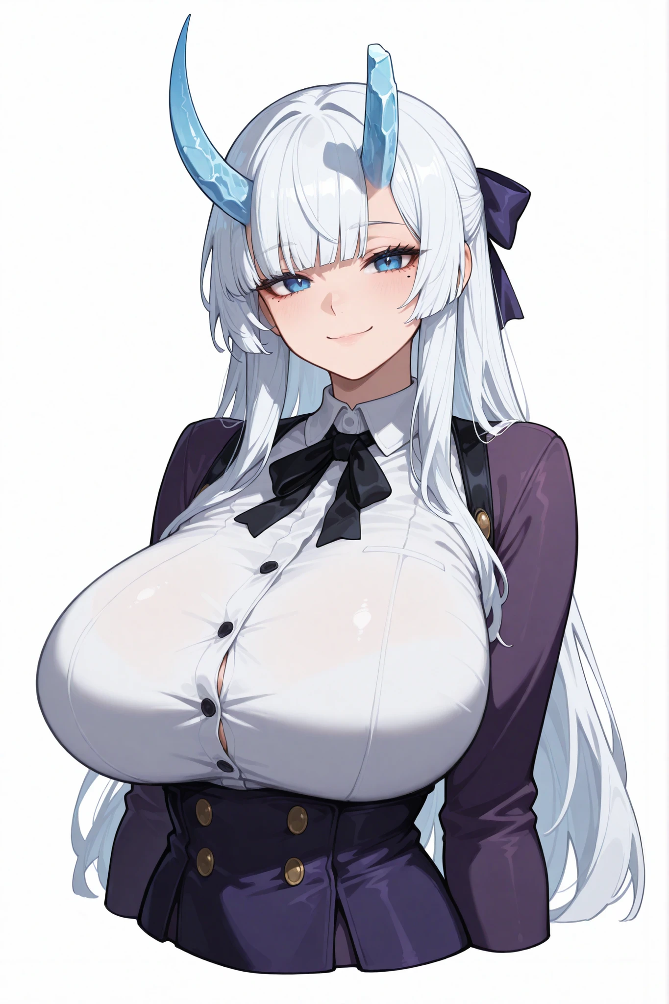 Masterpiece, cropped legs, huge breasts, looking at viewer, solo, closed mouth, satisfied smile, bleu eyes, ice oni horns, a half-broken horn, mole under eye, arms at sides, long white hair, hair ribbon, shirt with buttons that no longer fit, purple sleeves, white background, Wuthering Wave style.