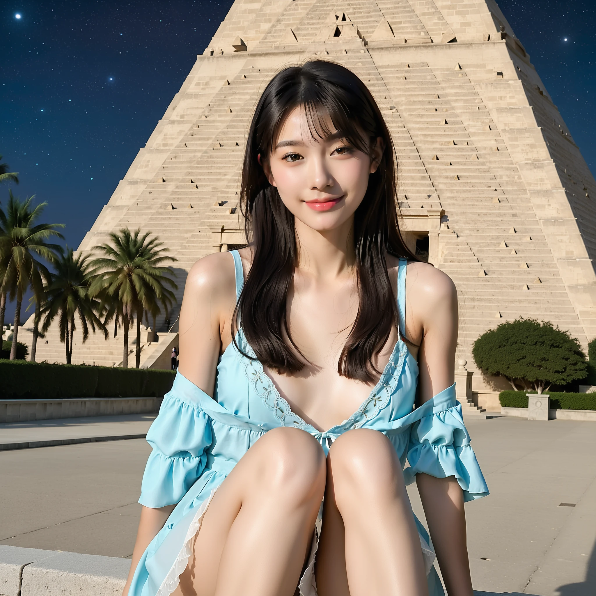 best quality, masterpiece, photo realistic, intricate details, raw photo, photon rendering, octane render, absurdres, ultra detailed, detailed face, detailed skin, trending on artstation, 8k masterpiece, cinematic lighting, ( (1girl)),((solo)),((looking_at_viewer)),trending on cg society,plasticien,((black long hair)),((beautiful woman)),(Smile),sexy lingerie, lingerie, underwear, bra,((Egyptian pyramid)),((sexy)),wind blowing hair, ((flowing hair)),happy,fashion magazine,