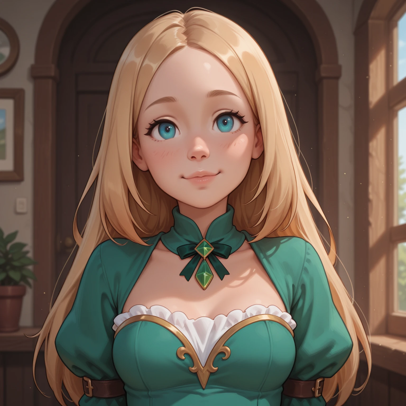 Rya, blonde hair, twin, hair rings ,,green eyes,mole under mouth ,   cleavage, slit pupils,  smiling, upper body,  fangs, 
Zorayas, green dress, long sleeves, 
(insanely detailed, beautiful detailed face, masterpiece, best quality)
lake, 
 <lora:RyaZorayas:0.8>