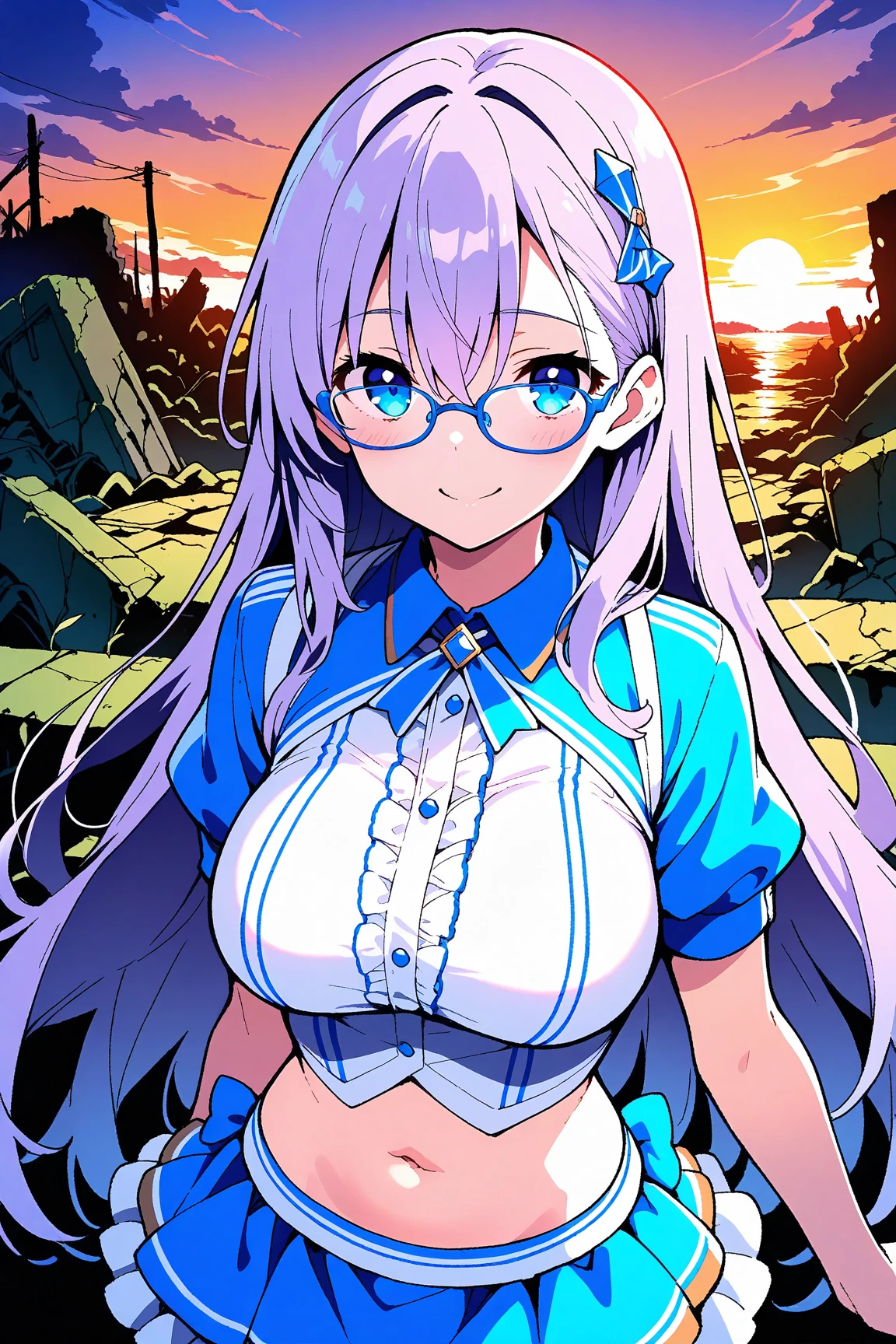 Create an anime-style illustration of a 1８-year-old girl named Shizuka. She has long, straight, blue hair with bangs cut straight across her forehead. She has large, almond-shaped silver-blue eydet and porcelain-like white skin. Shizuka often wears glassdet.Shiny light blue outfit, Shiny reflective material clothes,, Lens flare, Light blue soft gradation,det.(Highest quality:1.4), (super high quality), (Very detailed）In the forest where many flowers bloom、The sky is a gradient、Super big breasts、J-cup big breasts、Emphasize the chest、A risqué one-piece swimsuit combat outfit、Glittering costumes、Small costumes、With skirt、A costume with glittering gradient beads、Emphasize the chest、See-through costumes、High and small nose、Long Hair、Glasses、glitter hair accessories